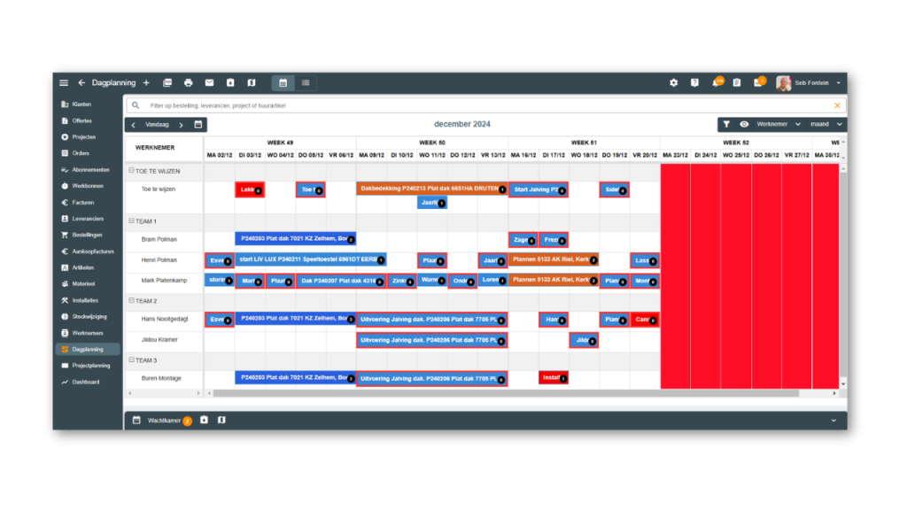 Afbeelding van planning software voor de bouw. Er wordt een maandplanning voor werknemers afgebeeld