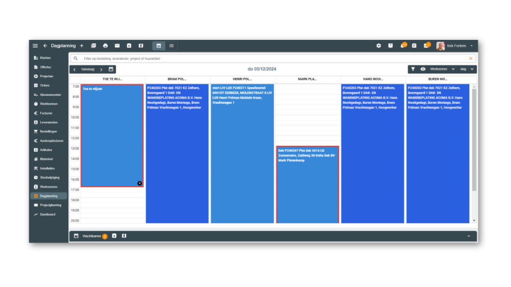 Afbeelding van planningsfunctie van planning software voor projecten en bedrijven in de bouw. Er wordt een dagplanning voor werknemers en monteurs afgebeeld