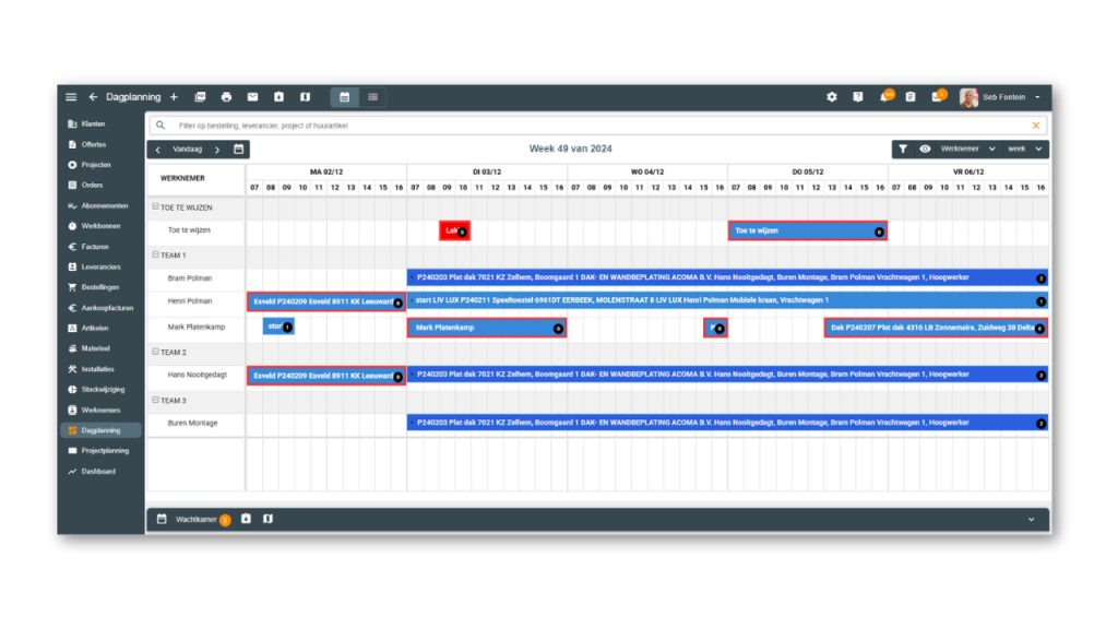 Afbeelding van planning software voor de bouw. Er wordt een maandplanning voor werknemers afgebeeld