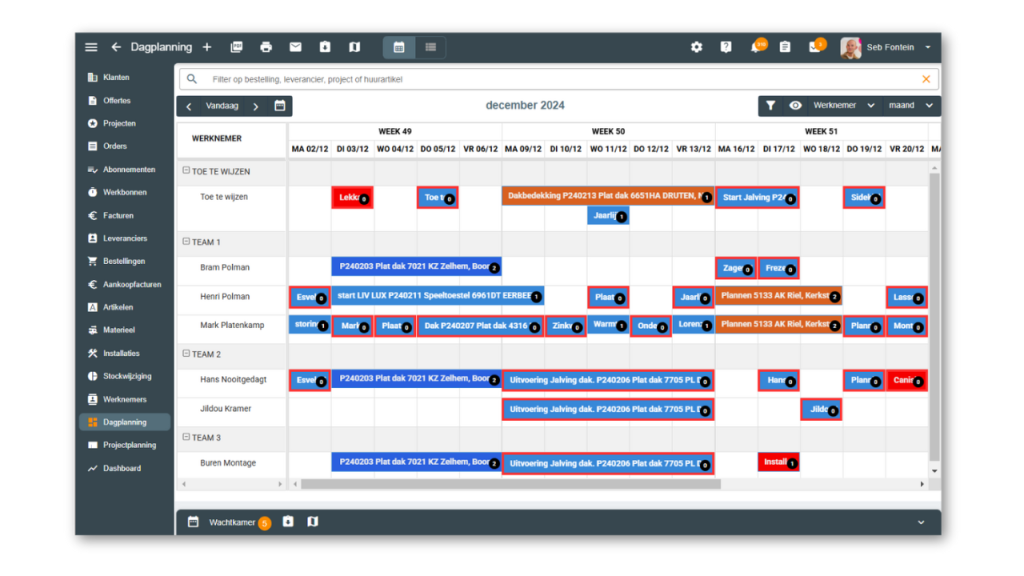 Afbeelding van planning software voor projecten en de bouwbranche. Er wordt een maandplanning voor werknemers afgebeeld