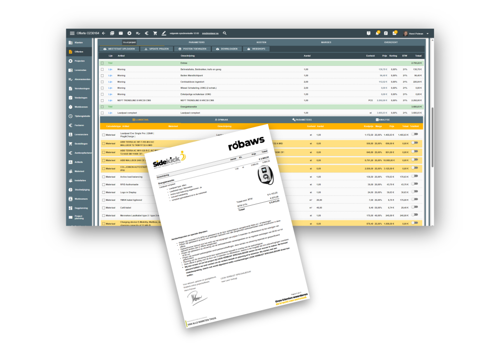 Facturatie en offerte in calculatieprogramma voor de bouw van Sidekick Software