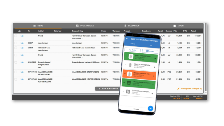 Facturatie software robaws van Sidekick Software - meerdere werkbonnen in een factuur en facturatie app